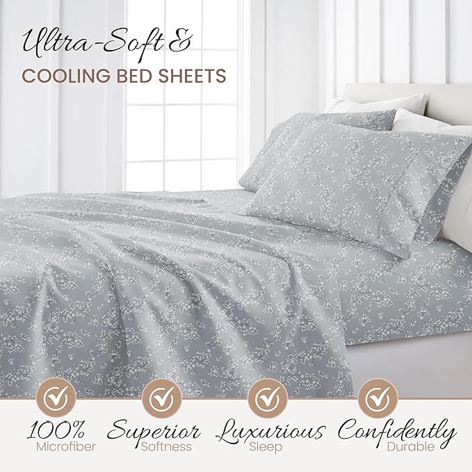 Linen Market Patterned Microfiber Queen Sheet Set 4 Piece – Oeko-TEX Certified Ultra Soft & Wrinkle-Free - 16" Deep Pocket Sheets - Easy Care Queen Size - Trellis Vine Light Gray