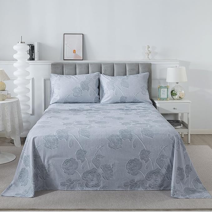 FADFAY Grey Vintage Floral Queen Size Sheets Set 100% Brushed Cotton Shabby Rose Flower Pattern Bedding Set Deep Pocket Sheets with 2 Pillowcases Luxury Breathable Soft 4pcs, Queen Size
