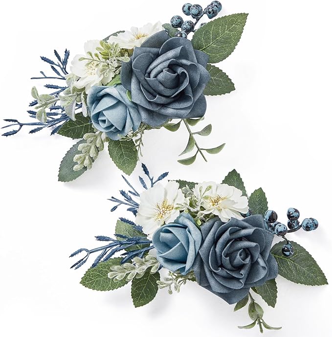 Serwalin 𝗦𝗲𝘁 𝗼𝗳 𝟮 Boutonniere for Men 𝟲-𝟳 𝗜𝗻𝗰𝗵 Corsage with Pins,Groom and Best Man Boutonnieres for Wedding Prom Ceremony Anniversary and Party Cake Topper(Dusty Blue)
