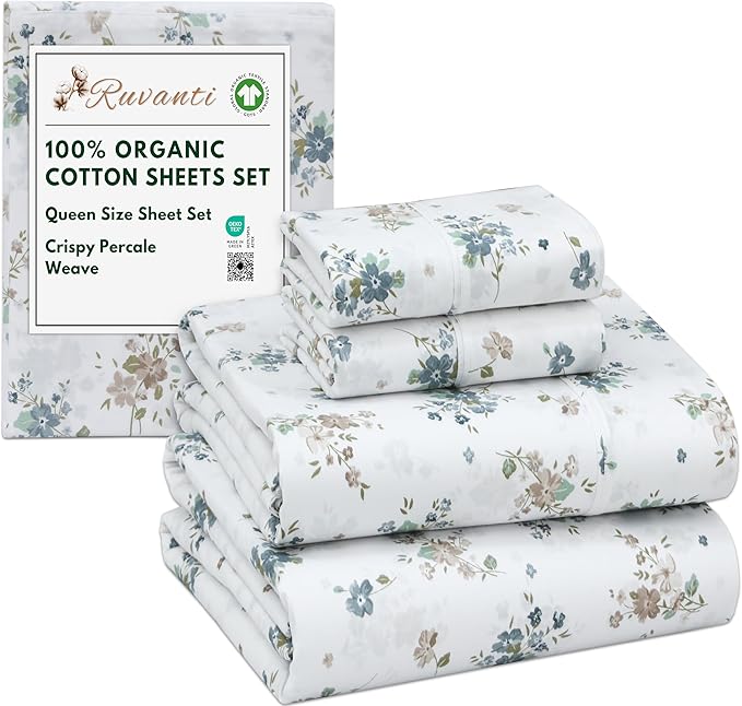 RUVANTI 100% Organic Cotton Sheets Queen Size, Percale Weave, GOTS Certified, 4-Piece Set, Deep Pocket 15", Crisp & Breathable, Soft Durable Bedding, Sábanas Algodón Orgánico – Halcyon