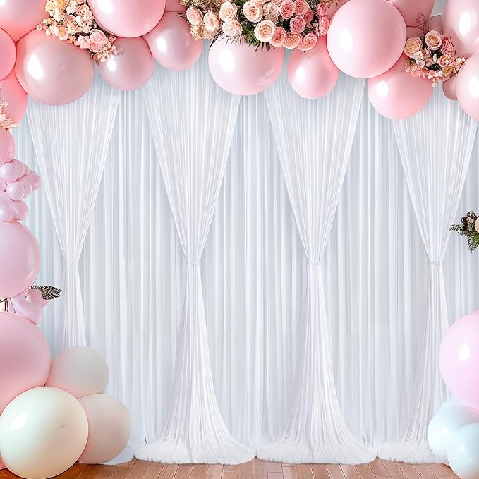 White Backdrop Curtains 10 Panels, 10 Feet Wrinkle-Free Polyester Photography Backdrop Drapes for Wedding Baby Shower Party Background Backdrop Stand- 10FTX40FT