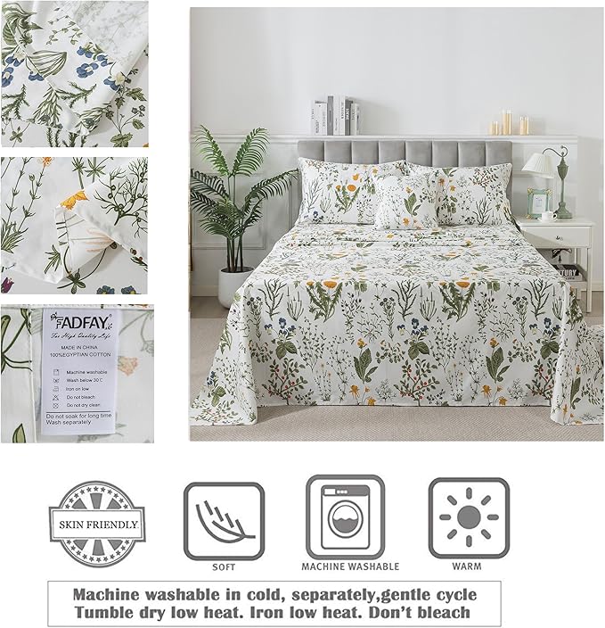 FADFAY 100% Egyptian Cotton Sheets Full Botanical Printed Floral Sheets Yellow Flowers & Leaves Pattern Farmhouse Bedding Soft and Breathable French Country Bedding 4Pcs Deep Pocket Full Sheet Set