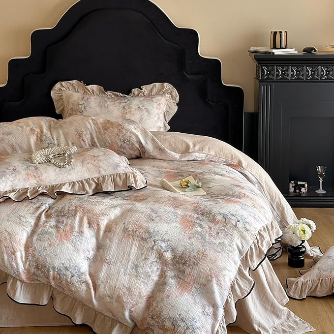 VM VOUGEMARKET Full Duvet Cover with Romantic Ruffles Breathable Muslin Cotton,Soft Textured Gauze Weave Comforter Cover with Zip Closure and Corner Ties- 80"x90"