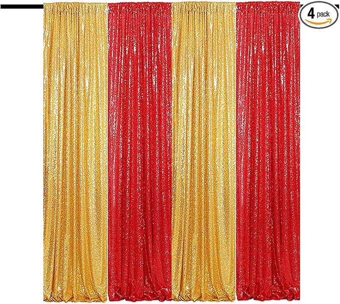 Sequin Backdrop Curtain 4 Panels 2FTx8FT Glitter Background Drapes Sparkle Photography Backdrop for Party Wedding Birthday Wall Decoration (Red× 2 and Gold×2)