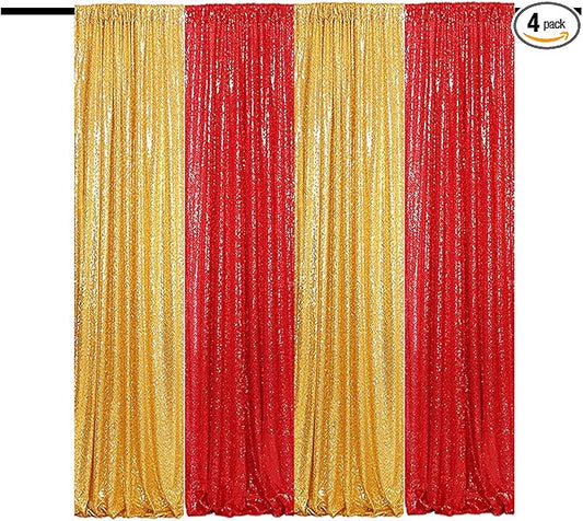 Sequin Backdrop Curtain 4 Panels 2FTx8FT Glitter Background Drapes Sparkle Photography Backdrop for Party Wedding Birthday Wall Decoration (Red× 2 and Gold×2)