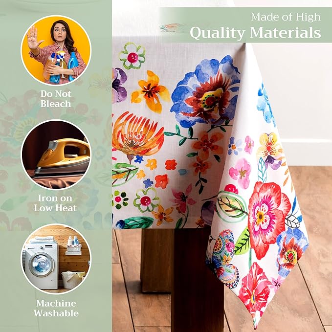 Maison d' Hermine Table Cloth Rectangle Table 100% Cotton 60 x 90 Inches Tablecloth Reusable for Dining Room, Farmhouse, Home, Party, Festive & Wedding Spring Summer - Happy Florals - High Summer