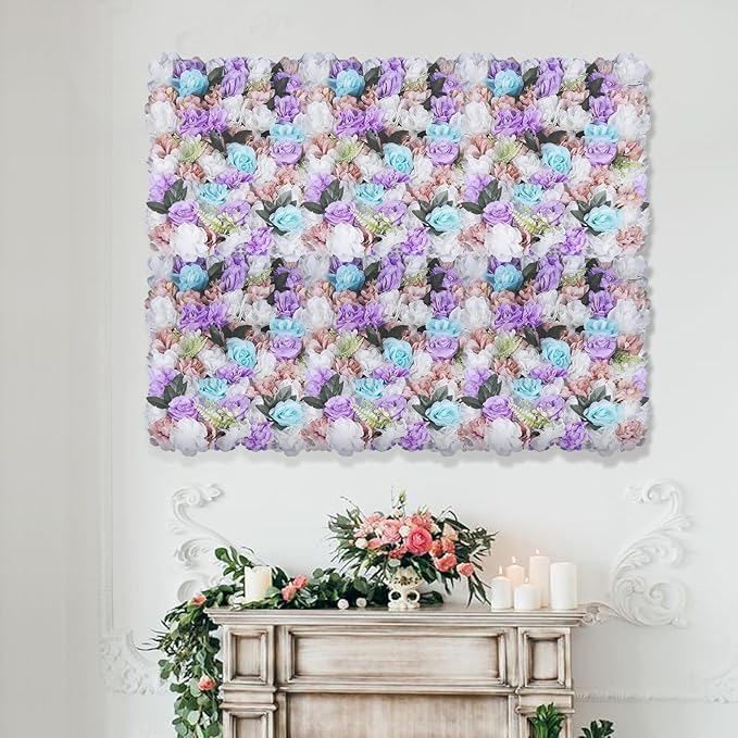 12PCS Flower Wall Panels, 3D Silk Floral Wall Backdrop, Realistic Purple Rose Flower Backplanes, Roll Up Fake Flower Background for Valentines Wedding Party Home Decoration