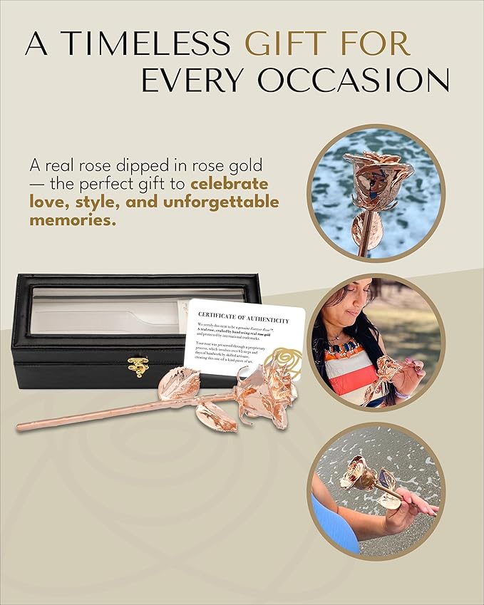 Forever Rose Real Rose Dipped in Rose Gold, Handcrafted Preserved Rose in Luxury Leather Display Case with LED Light, Romantic Gift for Her, Elegant Keepsake for Anniversary, Birthday Special Occasion