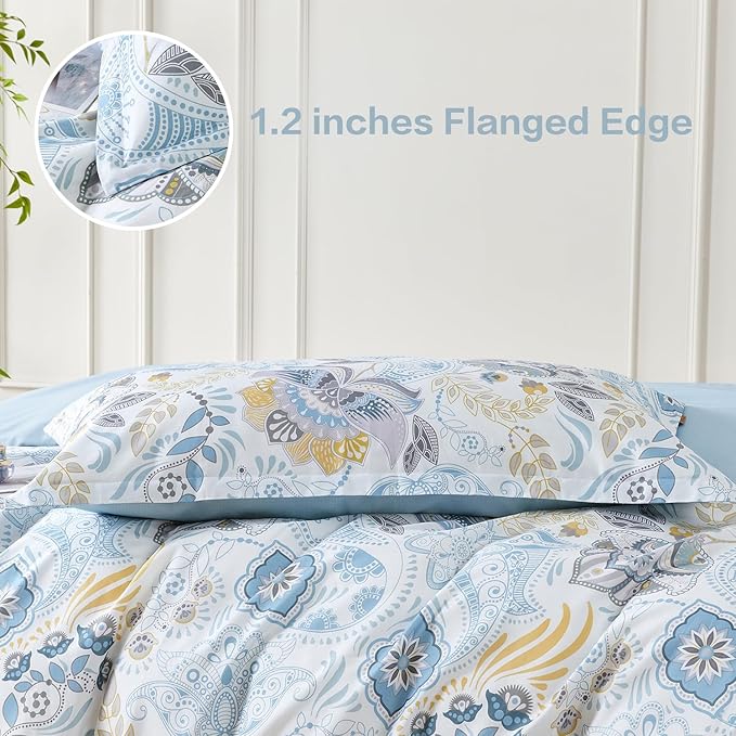 SAPHREAS Blue Floral Duvet Cover Set 2pcs Twin Size Geometric Pattern Botanical Blossom Bedding Comforter Cover Set 100% Cotton 1 Duvet Cover 68"x90" 1 Pillow Sham, Comforter Not Included