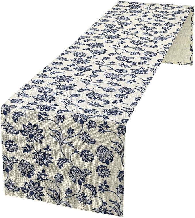 Boho Floral Table Runner, Navy Blue Paisley Flower Traditional Porcelain Vintage Decor Table Runner for Kitchen Dining Party, 13x120 Inch