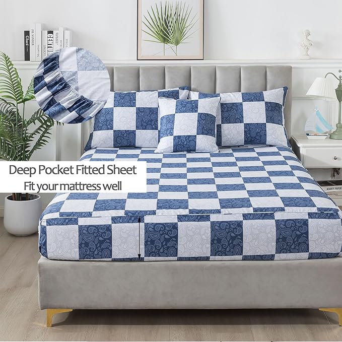 FADFAY Paisley Queen Size Plaid Navy Blue Sheets 100% Cotton Geometric Checker Bedding Teens Grid Grey Gingham Pattern College Bedding Deep Pocket Sheets with 2 Pillowcases Ultra Soft 4pcs, Queen