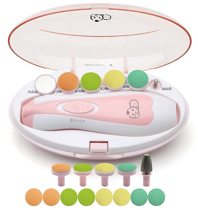 Baby Nail Trimmer 21 in 1, Usage Labeled Case & 13 Extra Replacement Tools, Royal Angels Baby Electric Nail File, Baby Nail Care, Nail Clipper Newborn Toddler Toes & Fingernails Nail Kit (Pink)