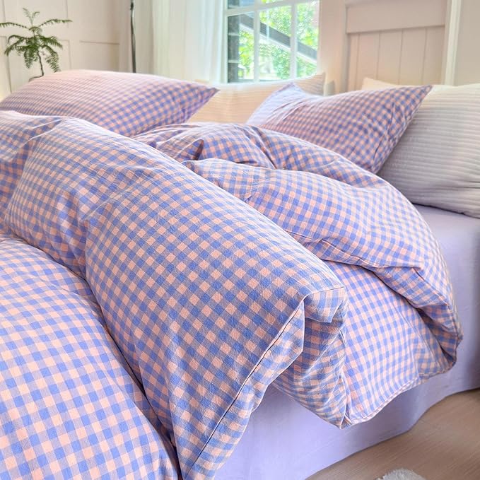 LifeTB Twin XL Comforter Set Purple Gingham Comforter with 2 Pillowcases Purple Pink Grid Plaid Comforter Set for Girls Women Fluffy Soft Lightweight Bedding Set Fluffy Checkered Comforter Twin XL