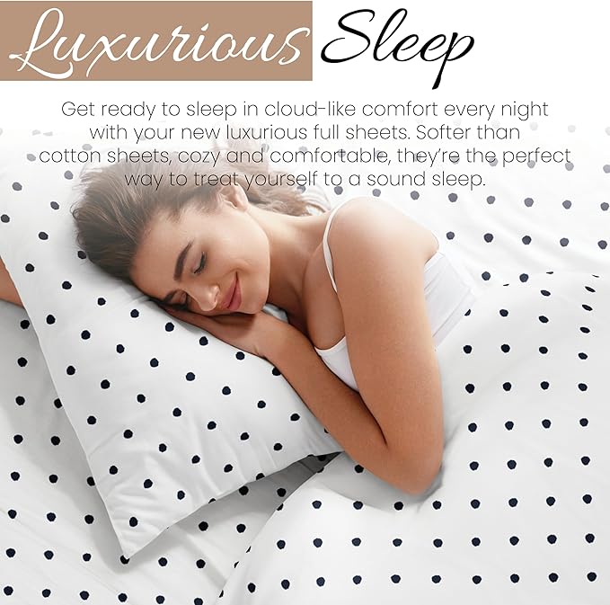 Linen Market Double-Brushed Patterned Microfiber Full Sheet Set 4 Piece – Oeko-TEX Certified Ultra Soft & Wrinkle-Free - 16" Deep Pocket Sheets - Easy Care Full Size - Dots Navy