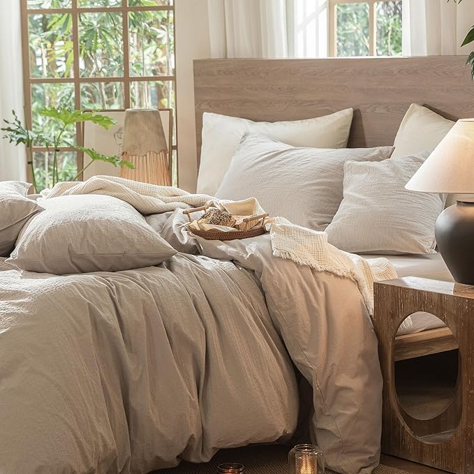 MooMee Wavy Striped Duvet Cover Set 100% Washed Cotton Linen Like Textured Breathable Durable Soft Comfy (Beige, Alaska King 132"x120")