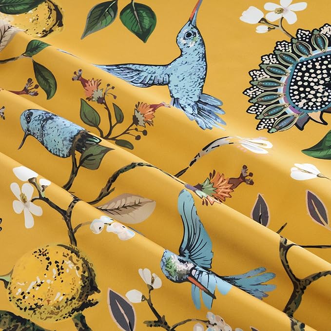 Mustard Yellow Vintage Floral Curtains 84 Inches Long for Living Room Bedroom Luxury Whimsical Lemon Hummingbird Patterned Waverly Mid Century Colorful Pinch Pleated Blackout Drapes 2 Panels