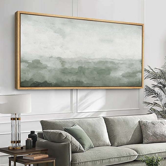 SIGNFORD Extra Large Framed Canvas Print Wall Art Misty Green Horizon Illustrations Modern Art Relax/Calm Warm for Living Room, Bedroom, Office - 60"x30"