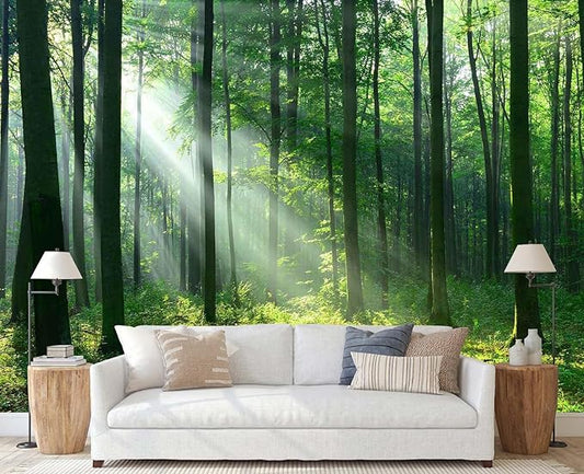 Sunshine Green Forest Wallpaper Natural Woodland Landscape Wall Mural for Bedroom Living Room (Not Self-Adhesive)