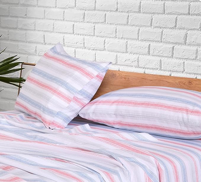 RUVANTI 100% Cotton California King Sheet Sets, 4 Pieces, Soft & Breathable Percale Weave Bedding, Deep Pocket 14", Hotel Standard, Crisp Cool Feel & Durable, Perfect Striped Sheets, Times