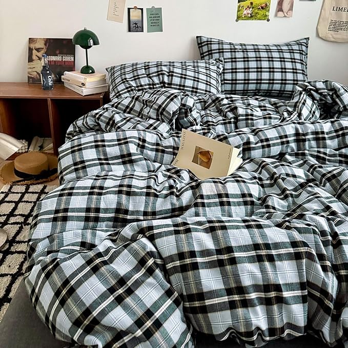 Grey Black Plaid Comforter Set Twin XL, 3 Pieces Modern Style Grid Comforter with 2 Pillowcases, Vintage Plaid Checkered Comforter for All Seasons, Soft Breathable Farmhouse Gingham Bedding Set