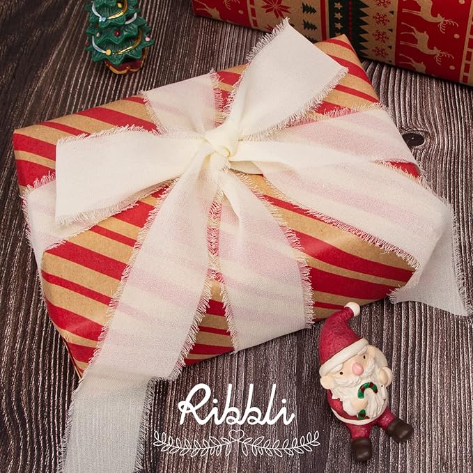 Ribbli Chiffon 1-1/2 inch x 20 Yard Handmade Fringe Cream Ivory Silk Ribbon for Wedding Invitations, Bridal Bouquets, Flower Arrangement Decoration