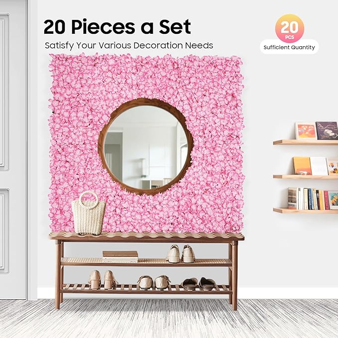 LOYALHEARTDY 20 PCS Flower Wall Panel 24"x16" Artificial Flowers Wall Decoration Decorative Hydrangea Flower Panels for Home Party Wedding Christmas Festival Photo Backgdrop Decor (20 PCS, Pink)