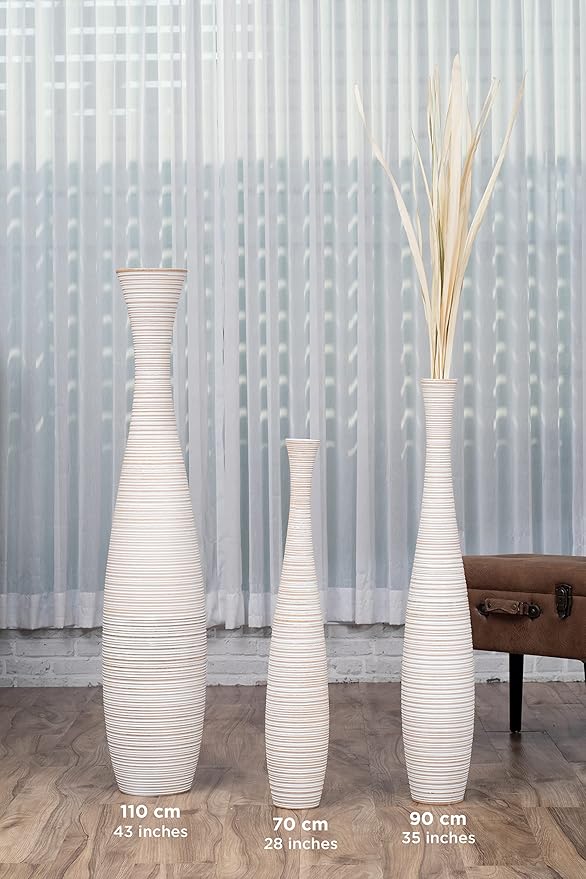 Leewadee Large White Wash Home Decor Floor Vase – Wooden 34 inches Tall Farmhouse Decor Flower Holder for Fake Plant and Pampas Grass