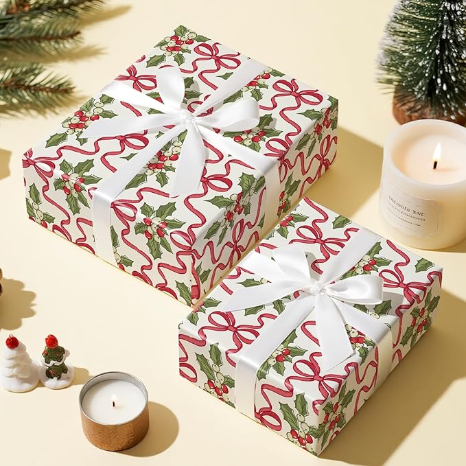 LeZakaa Christmas Wrapping Paper Roll – 17 in x 16.4 ft Gift Wrap with Red Ribbon Bows & Holly Berry Festive Design for Holiday Presents & Party Decorations
