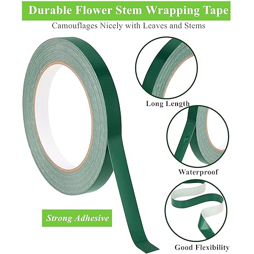 Green Floral Tape 2 Pack 1/2" Flower Stem Wrap Adhesive Tape for Bouquet Stem Wrapping Wedding Bouquet Tape for Binding Flowers and Floral Crafts (2PCS, 1/2”x98FT/Roll)