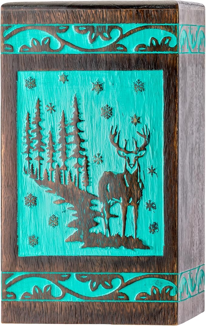 INTAJ Handcarved Rosewood Teal Green Deer Oversized Urn for Human Ashes - 640 lbs Companion Capacity Forest Wooden Cremation Urn Box Burial Funeral Decorative Wildlife Memorial Casket