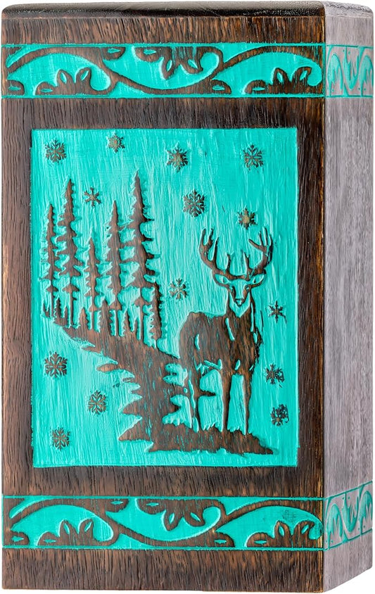 INTAJ Handcarved Rosewood Teal Green Deer Urn for Human Ashes Adult Male Female - 180 lbs Forest Wooden Cremation Urn Box Suitable for Burial Funeral Decorative Wildlife Memorial Casket