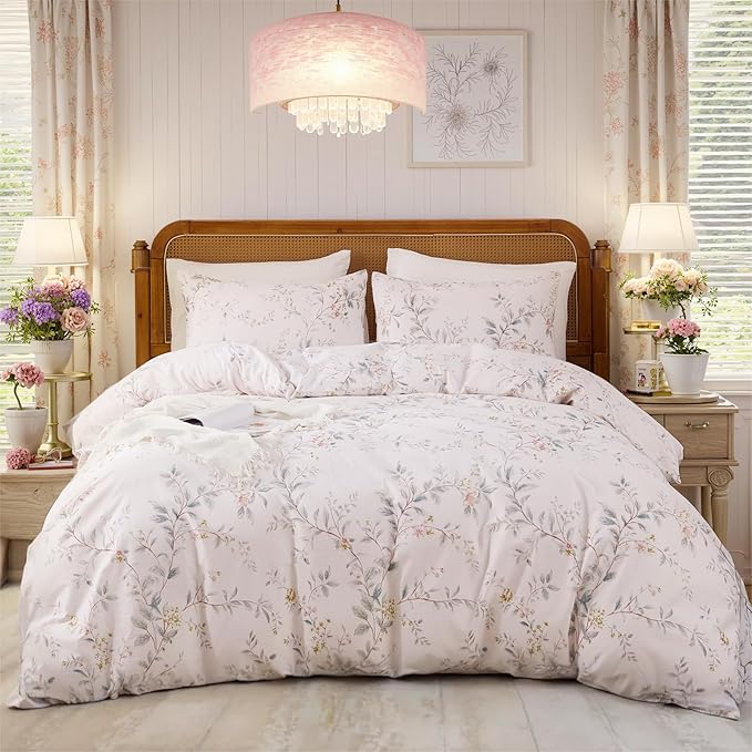 Duvet Cover Set Queen Size 3-PC Chic Garden Floral Ultra Soft 100% Long Staple Cotton Comforter Cover, Reversible Breathable Duvet Cover with Zipper Closure, Lightweight, All Season
