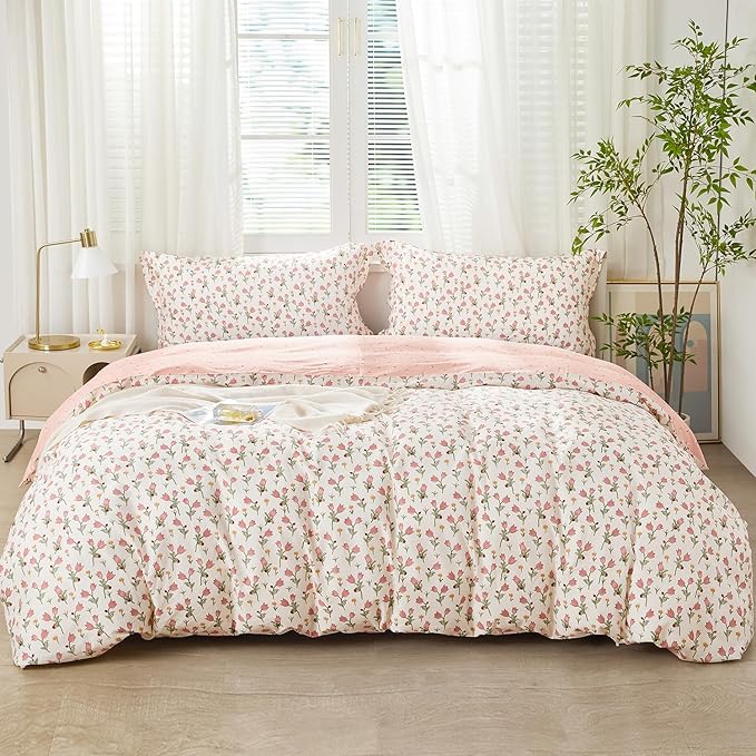 SAPHREAS Pink Bellflower Floral Duvet Cover Set Queen Size 3pcs Botanical Blossom Bedding Comforter Cover Set 100% Cotton 1 Duvet Cover 90"x90" 2 Pillow Shams, Comforter Not Included