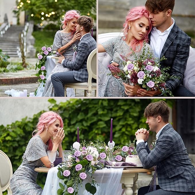 100PCS Light Purple Artificial Flowers Roses Real Looking Foam Fake Roses with Leaves for DIY Wedding Bouquets Bridal Shower Party Decorations (Lilac, 100)