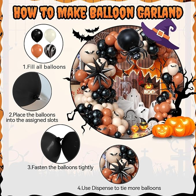 Halloween Balloon Arch Garland Kit, Black Ivory White Burnt Orange Spider Star Foil Balloons with 3D Bat Stickers for Halloween Baby Shower Party Decorations Cosplay Theme Party