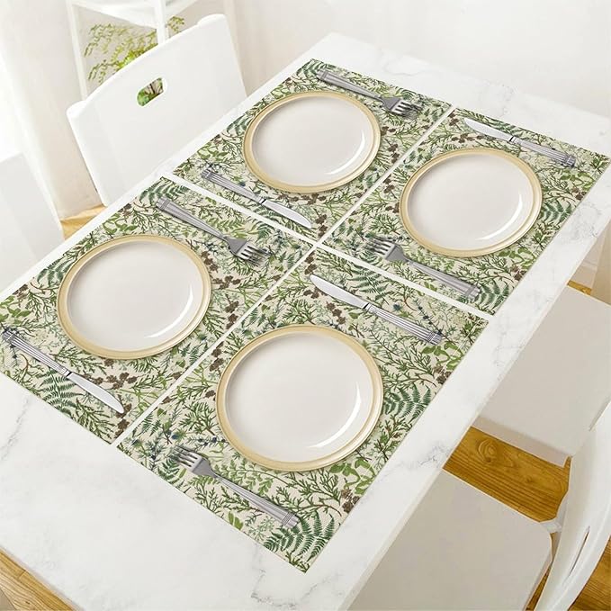 Retro Botanical Placemats Set of 8, 17x12 Inch Rustic Farmhouse Green Leaves Vintage Plants Aesthetic Table Mats for Home Party Kitchen Dining Decor