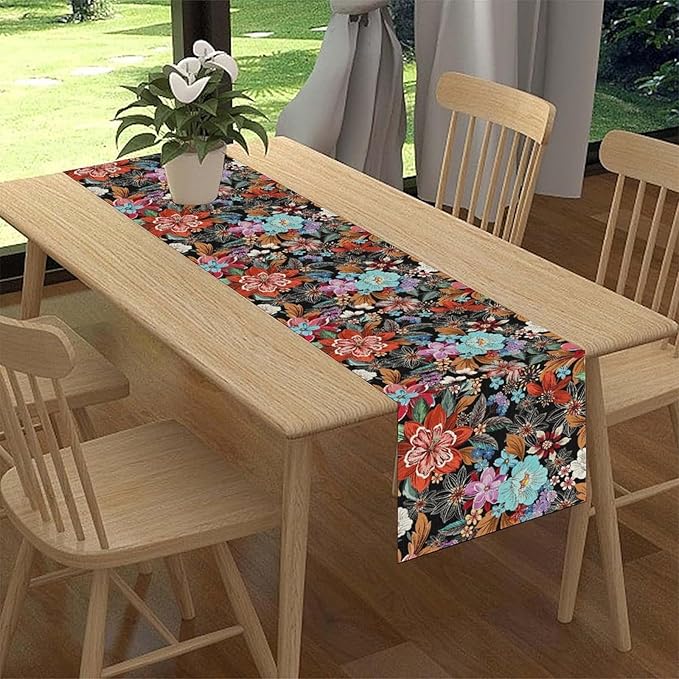 Floral Table Runner, Vintage Colorful Flower Bohemian Floral Print Table Center Decor for Family Kitchen Table Decorations Indoor Outdoor 13x90 inch