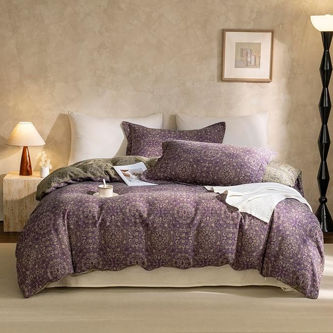 EAVD Soft 100% Cotton Muslin Yarn-Dyed Jacquard Textured Duvet Cover Twin Chic Shabby Purple Floral Duvet Cover with Zipper Closure Linen Like Gauze Floral Bedding Set with 2 Pillowcases