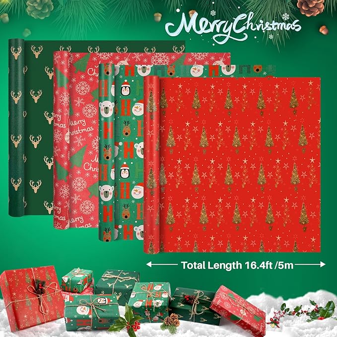 Christmas Wrapping Paper, Green Red Kraft Gift Wrap Papers Roll With Snowflakes Santa Reindeer Designs For Christmas, Thanksgiving, Holiday, Festive Gift Decor For Kids Adult, 4 Jumbo Roll x 17”x 16”