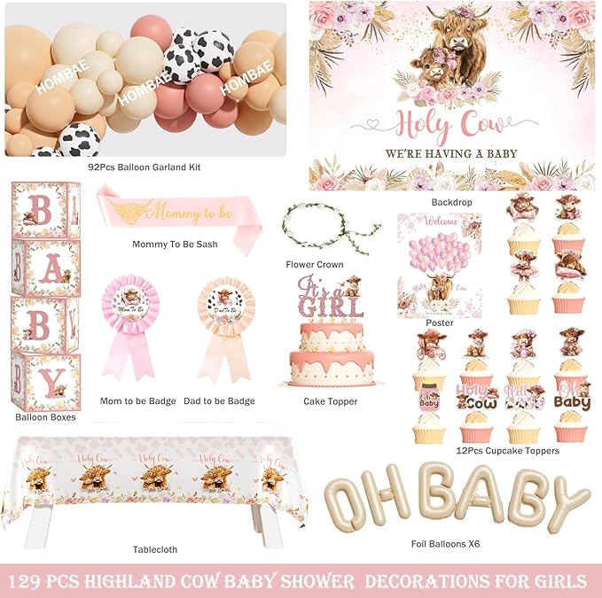 Highland Cow Baby Shower Decorations Girls, 129 PCs – Holy Cow Baby Shower Party Supplies with Floral Backdrop, Balloon Garland, It’s a Girl Cake Topper, Mommy To Be Sash, Headband