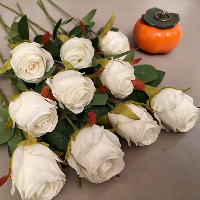 Artificial Roses 10 Pcs - Lifelike Single Stem Fake Roses with Natural Petal Texture,Fade-Resistant Silk Flowers for Wedding Decor,Home Vase Arrangements,Party Centerpieces(10, Creamy White)