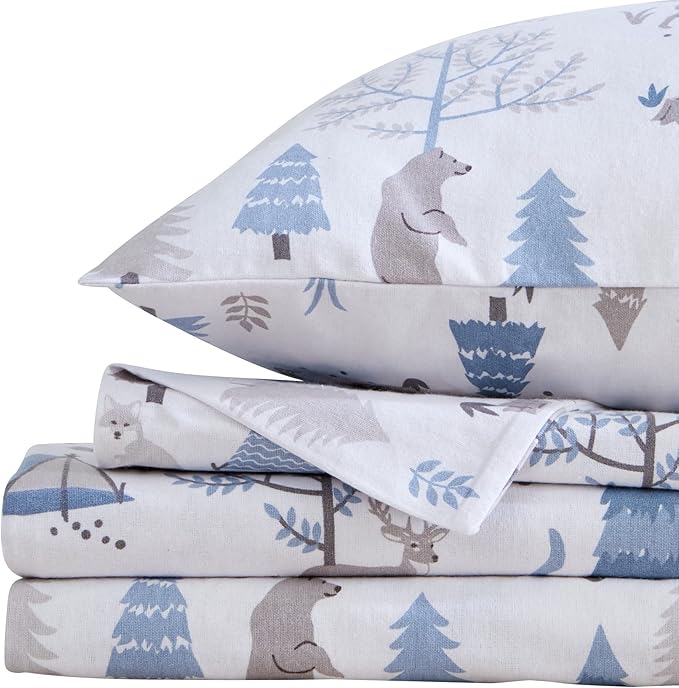 Market & Place 100% Turkish Cotton Flannel Sheet Set | 3 Piece Deep Pocket Novelty Cozy Winter Bed Sheets | Double Brushed for Extra Softness & Comfort | Alpine Collection (Twin, Winter Wildlife)