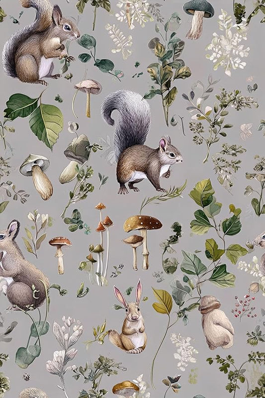 Whimsical Peel and Stick Floral Animal Wallpaper Squirrel Rabbit Removable Botanical Leaf 17.7" x 236.22" Wall Paper Watercolor Self Adhesive Contact Paper for Classroom Bedroom laundry room bathroom