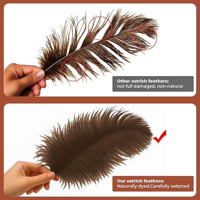 Piokio 20pcs Natural Brown Ostrich Feathers 10-12 inch (25-30cm) Bulk Feathers for Wedding Party Centerpieces, Home Decoration and DIY Clothing, Gatsby Decorations