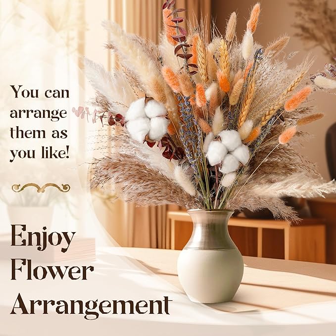 Fall Dried Flower Bouquet – Boho Fall Decor with Pampas Grass, Cotton, and Orange Bunny Tails – Autumn Floral Arrangement for Home, Mantel, or Vase – Fall Decorations for Home Indoor & Porch
