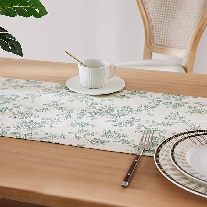 100% Cotton French Pastoral Table Runners, 13x36 Inch Vintage Green Farmhouse Table Runners 36 Inches Long, Vintage Flowers Print Home Decors
