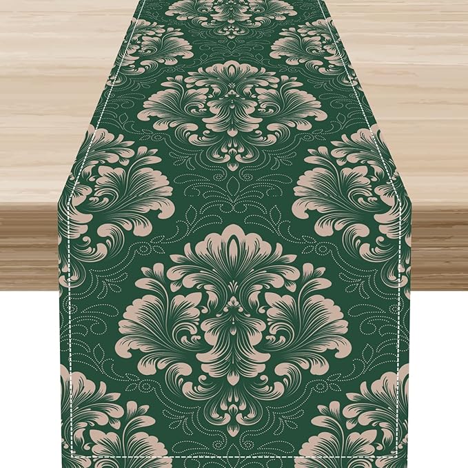 Vintage Damask Table Runner, Green Classical Luxury Old Fashioned Damask Royal Victorian Floral Print Table Center Decor for Family Kitchen Table Decorations Indoor Outdoor 13x90 inch