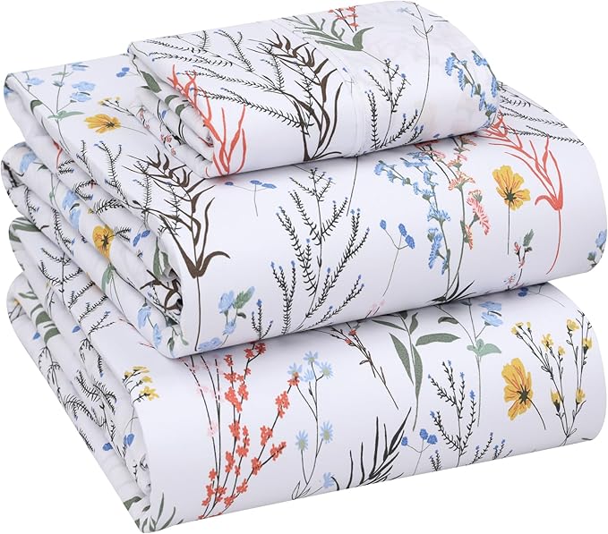 RUVANTI 100% Cotton Twin Sheets Set, 3 Pieces, Soft & Breathable Percale Weave Bedding, Deep Pocket 16", Hotel Standard, Crisp Cool Feel, Durable, Perfect Floral Bed Sheet, Aroma