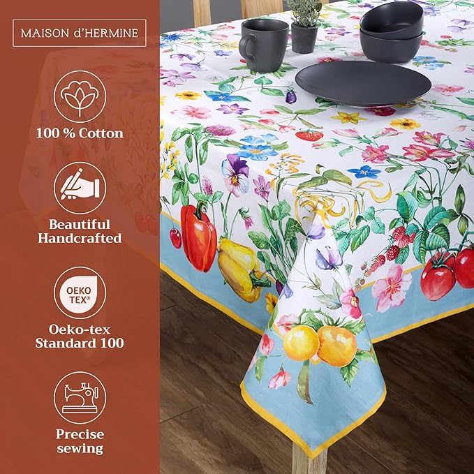 Maison d' Hermine Table Cloth Rectangle Table 100% Cotton 70 x 108 Inches Tablecloth Reusable Decorative Everyday Use for Dining Room, Farmhouse, Home, Party, Festive & Wedding Spring Summer - Giverny