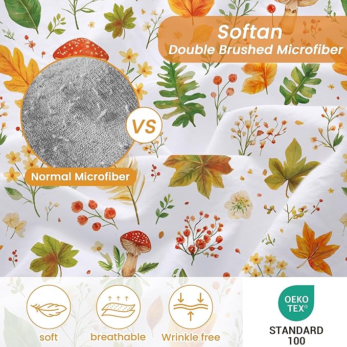 Softan Orange Floral Twin Size Sheet Set, 3-Piece Printed Microfiber Fitted Sheet with 15" Deep Pockets & Non-Slip Straps, Maple Leaves & Mushroom Patterned Bedding Sheets & Pillowcase Set